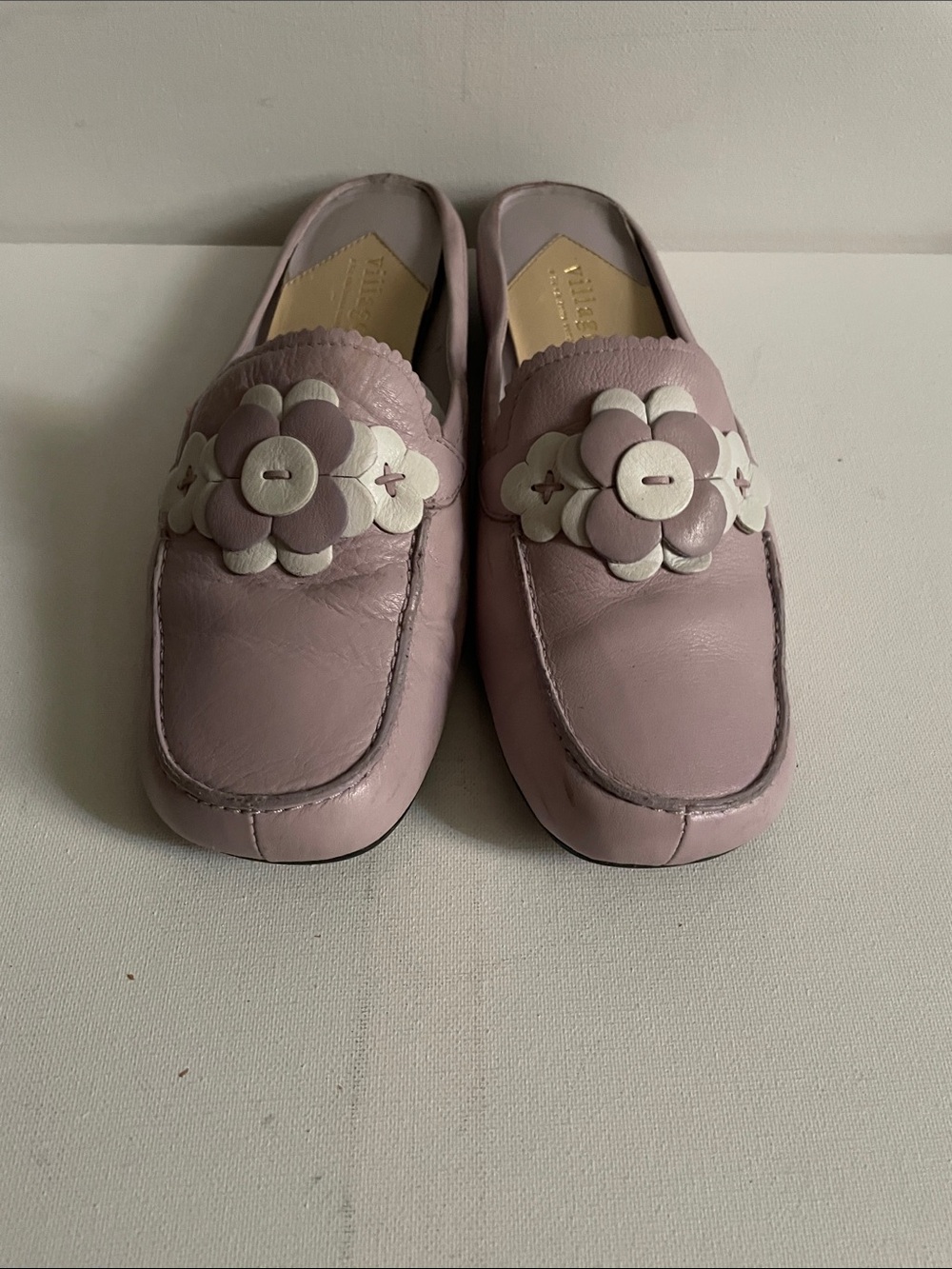 villager Lavender Pink Leather Floral Button Mules